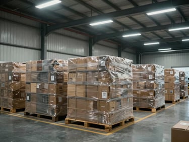 Modern commercial cold-storage facility with professionally packed wholesale cargo, cool-toned industrial lighting.
