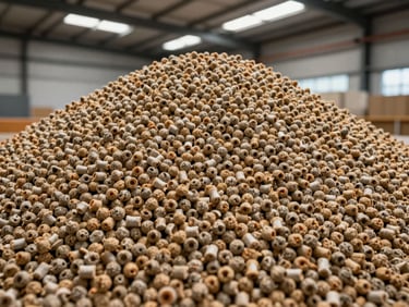 Bulk wholesale livestock feed pellets piled inside a modern distribution warehouse under clean industrial lighting