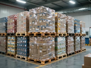 Interior of a modern, clean cold-storage facility with stacked pallets of wholesale commodities under cool industrial lighting