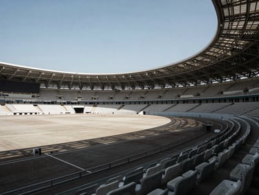 Wide-angle architectural shot of Meydan Grandstand under sharp daylight, clean lines, strong shadows