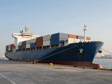 Wide-angle environmental shot of a refrigerated cargo ship docked at a modern Dubai port during crisp daylight, clean lines, professional maritime logistics.