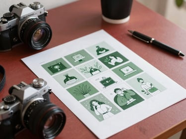 A creative strategist sketching a social media grid on parchment paper next to a camera, clean Scandinavian desk setup, 35mm photography