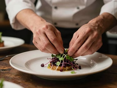 A chef meticulously placing microgreens on a plated dish at the pass, warm side-lighting, moody depth of field, 35mm photography