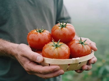 A close-up of a farmer's hands holding a basket of heirloom tomatoes in the early morning mist, soft overcast daylight, 35mm photography
