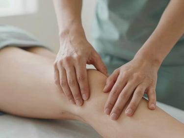 A close-up photograph of hands-on assisted stretching, therapist gently guiding a leg alignment, soft diffused daylight, shallow depth of field, warm editorial style