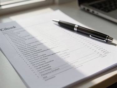 Close-up of a printed phone call log on a desk with a pen resting on it, natural window light, clean administrative surface