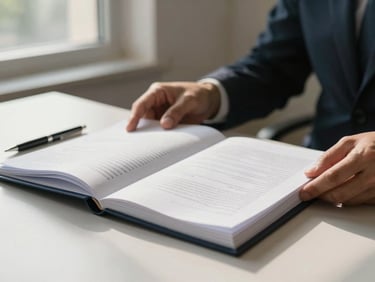 Close-up of hands opening a folder of documents on a clean desk, natural window light from the left, a pen resting nearby, calm administrative setting
