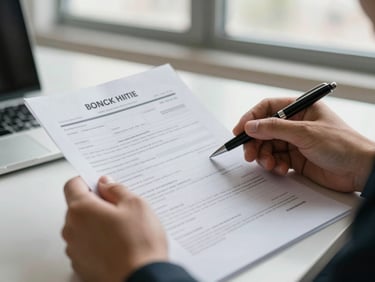 Close-up of hands holding a bank statement and a pen on a desk, natural window light, administrative detail, no faces visible