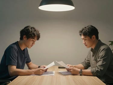 Medium shot of two people seated across a table in a quiet office, both looking down at documents, soft overhead light, no eye contact to camera, calm and professional atmosphere