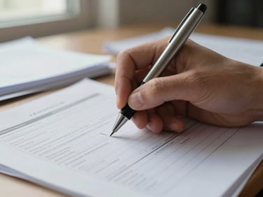Close-up of a hand writing on a printed form with a ballpoint pen, soft natural light from a nearby window, organized papers visible in background, focused and deliberate