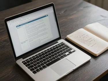 Medium shot of a laptop open on a desk with a form on screen, a notebook beside it with handwritten notes, soft overhead light, no faces visible