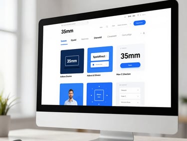 Clean UI of a modern business website displayed on a desktop computer, bright studio light, blue and white color scheme.