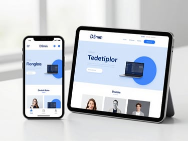 Isometric view of a tablet and smartphone side-by-side, both displaying the same modern website design, clean digital device mockups, soft blue accents.