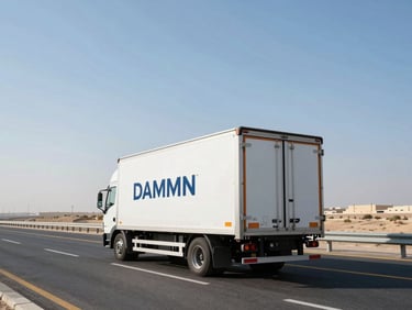 Wide shot of a clean, branded closed moving truck driving on a modern highway in Dammam during bright morning daylight, clear blue sky, negative space on the left.