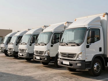 A clean, modern closed moving truck fleet lined up neatly in Al-Ahsa, bright morning light, professional corporate logistics aesthetic.