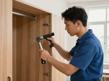 A professional technician in a clean uniform carefully assembling a wooden bedroom wardrobe using modern tools, bright indoor daylight.