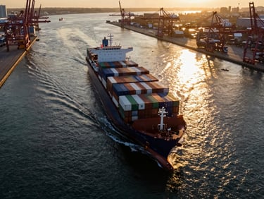 Overhead drone shot of a container ship navigating through a busy shipping lane, dramatic golden hour light reflecting on the water, wide-angle lens, showing scale.