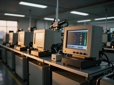 Digital display showing quality control metrics and data on a factory floor, subtle golden glow from machinery, clean industrial lighting, high detail.
