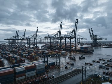 Wide environmental shot of a massive container terminal at dawn, towering gantry cranes silhouetted against a cool overcast sky, desaturated navy tones, sharp focus, 35mm lens.