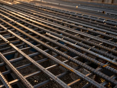 Close-up of grade-A structural steel rebar reinforcement mesh, crisp architectural lighting, sharp detail