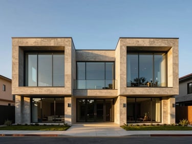 Symmetrical architectural shot of a modern concrete and glass luxury villa exterior, golden hour light