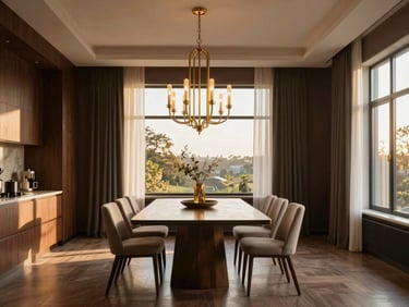 Symmetrical straight-on shot of an elegant modern dining room, custom brass chandelier, warm natural window light.