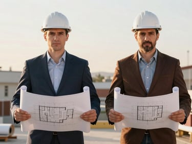 Symmetrical portrait of a male structural engineer holding architectural blueprints, soft natural light, professional editorial style