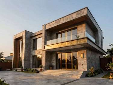 Wide-angle architectural shot of a modern luxury villa exterior in India during golden hour, sharp lines, concrete and brass accents, negative space on the left