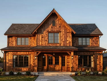 Architectural exterior of a luxury farmhouse facade, rich teak wood cladding, warm golden-hour lighting.