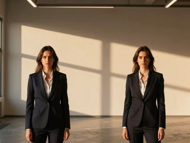 Symmetrical portrait of a female architect in a clean, minimalist studio, warm architectural lighting, professional editorial style