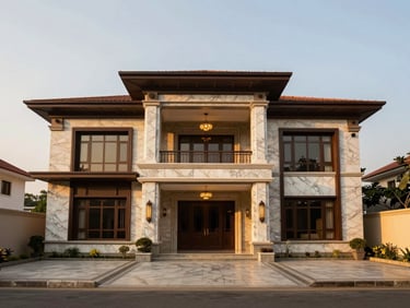 Symmetrical architectural shot of a modern three-story luxury villa in Bangalore, golden-hour light, premium marble cladding, wide angle