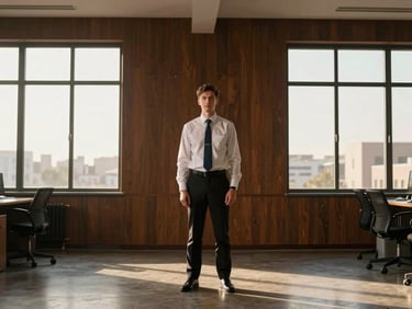 Symmetrical portrait of a male quality auditor in a clean architectural office, soft window light, professional editorial style