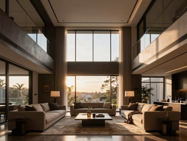 Symmetrical straight-on shot of a modern luxury living room with high ceilings, large windows, minimalist furniture