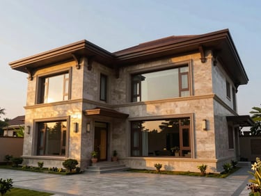 Wide-angle architectural photography of a modern luxury villa exterior in India, golden hour sunlight reflecting off premium stone facade and glass windows.