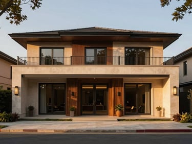 Modern luxury villa exterior at golden hour, symmetric architectural framing, warm natural light, rich deep tones
