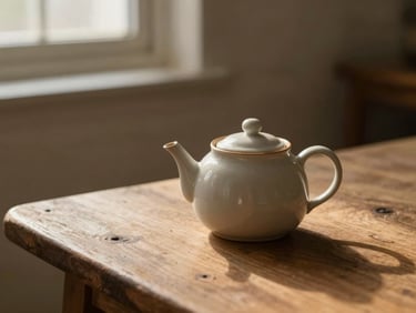 Warm low-key golden hour shadows hitting a ceramic teapot on a rustic wooden table, cozy empty corner.