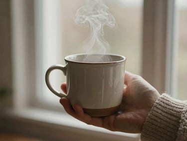 Close-up of a steaming ceramic mug held by a cozy knit sleeve, soft window light, warm earthy tones, shallow depth of field.