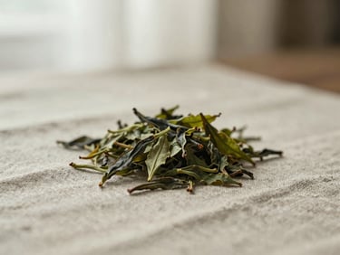 Loose green and herbal tea leaves resting on textured linen, soft diffused morning light, muted earthy tones.