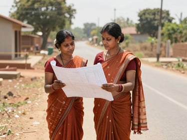 A local female coordinator in a warm terracotta saree reviewing a blueprint on an outdoor rural road site, bright natural daylight, 35mm lens