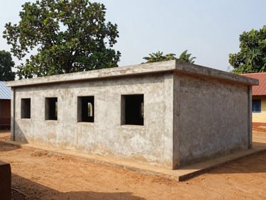 A newly constructed concrete drinking water filtration building in an Odisha village, bright daylight