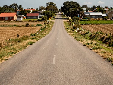 A paved village access road connecting agricultural fields to the regional highway, daylight