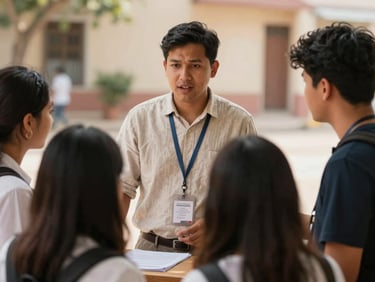 A regional coordinator in a light linen shirt speaking to a group of young job seekers at an outdoor registration desk, warm daylight, authentic setting