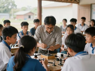 An instructor demonstrating mechanical assembly to attentive students in a bright, open-air workshop, rich realistic tones, 35mm lens
