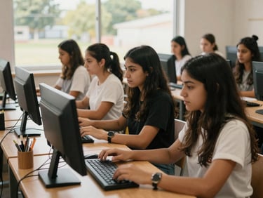 Young women practicing computer skills in a bright, modern classroom facility, warm natural light