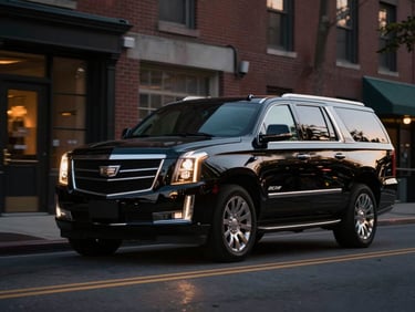 Cinematic profile of a late-model black Cadillac Escalade ESV in motion along a Boston street at dusk, soft golden cabin glow, 35mm