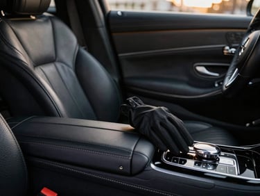 Tight macro shot of a pristine black Mercedes S-Class leather interior, soft ambient lighting, gloved hand resting on the console, 35mm