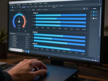 Close-crop of a content optimization editor interface on a dark UI, AI score meter and keyword density bars in electric blue, single hand on trackpad, cool monitor light