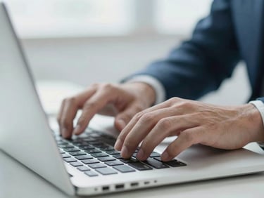 A close-up of hands typing on a modern laptop keyboard, soft natural daylight, clean corporate blue tones, shallow depth of field