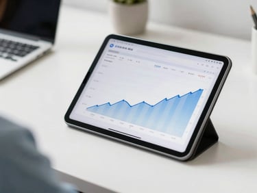 A bright, organized home office desk with a tablet displaying clean financial charts, soft shadows, professional atmosphere