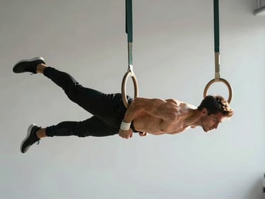 Dynamic side-lit shot of an athlete suspended on rings, high-contrast natural light highlighting muscle definition and joint alignment, clean minimalist studio background.